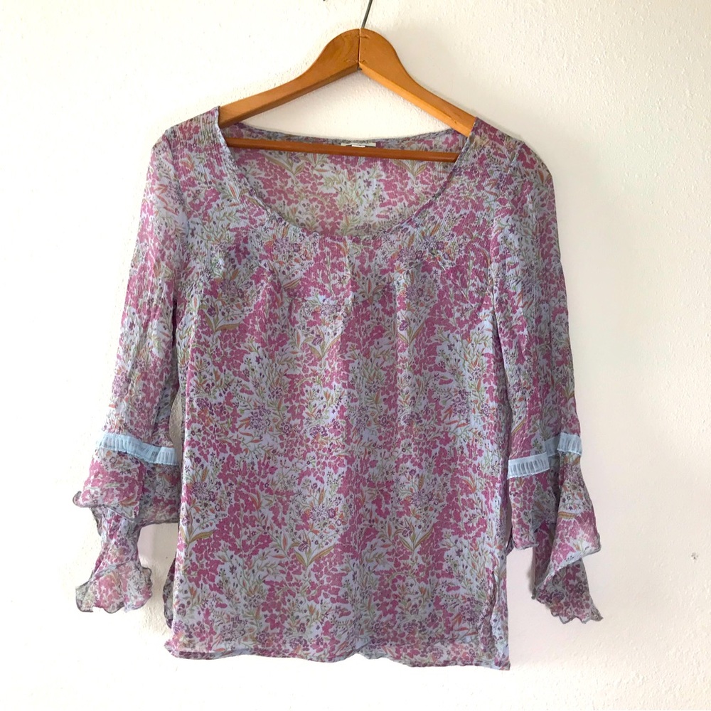 Odille Silk Floral top with Frilly Bell Sleeves Lightweight, Sheer Size XS